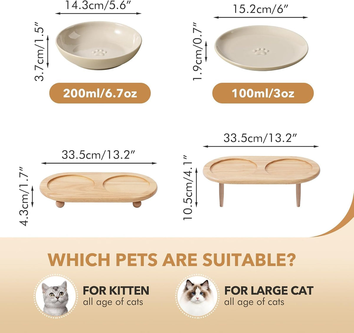 Elevated Cat Bowls, Cat Food and Water Bowl Set - Vintage Latte / 2 Bowls+2 Dishes - image 2