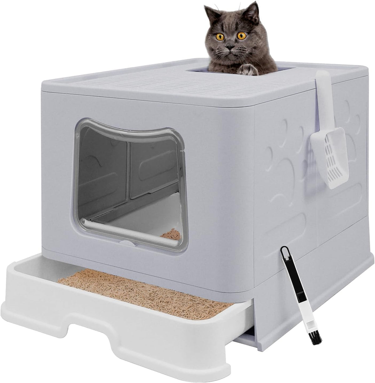XL Foldable Cat Litter Box with Lid, Jumbo Enclosed Potty - Grey / X-Large