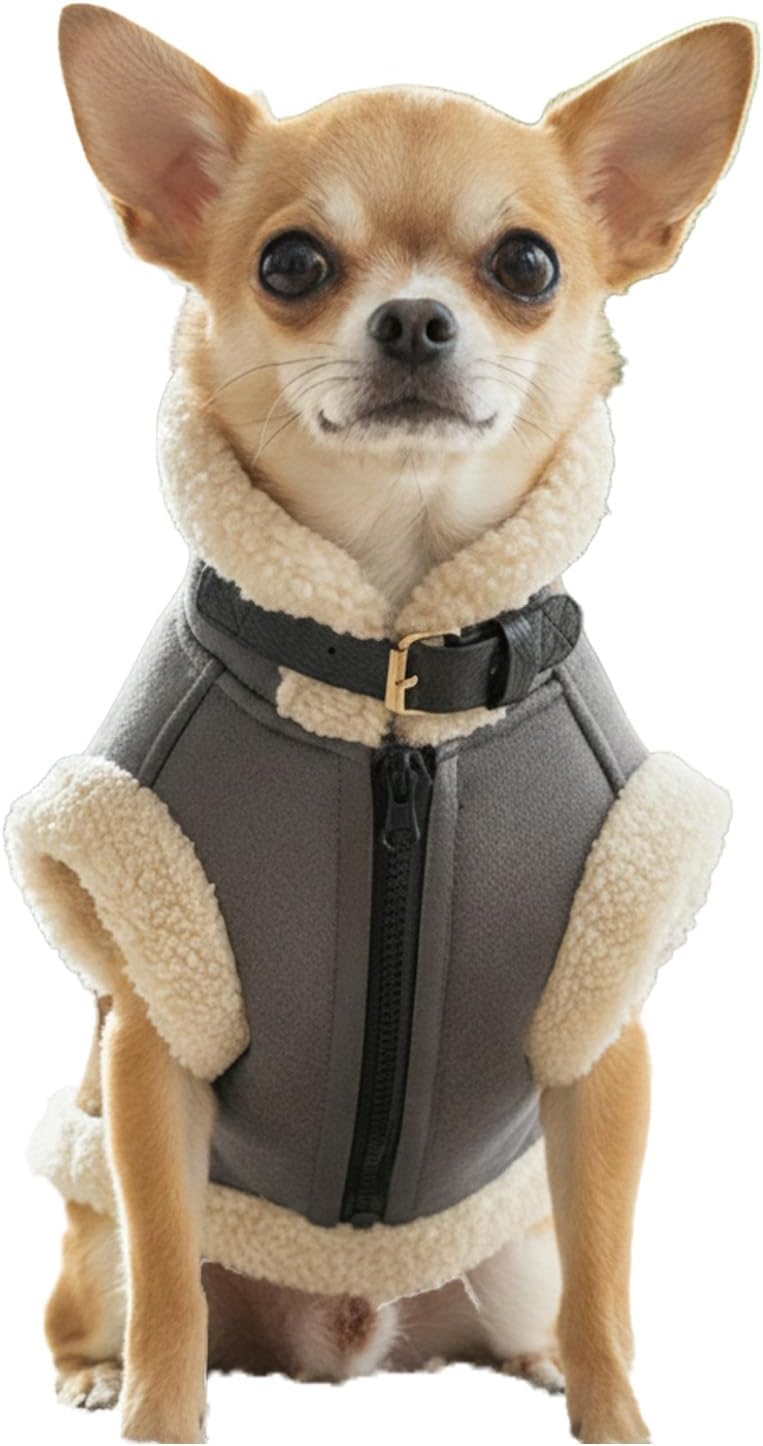 Retro Aviator Dog Jacket – Faux Leather Winter Coat with Plush Sherpa Fleece Lining for Bulldog - Gray / X-Small