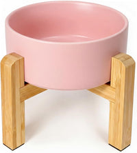 Elevated Cat Water Bowl, Ceramic Raised Cat Food Bowl with Adjustable Bamboo Stand, 5.1" Compact - Medium / Pink