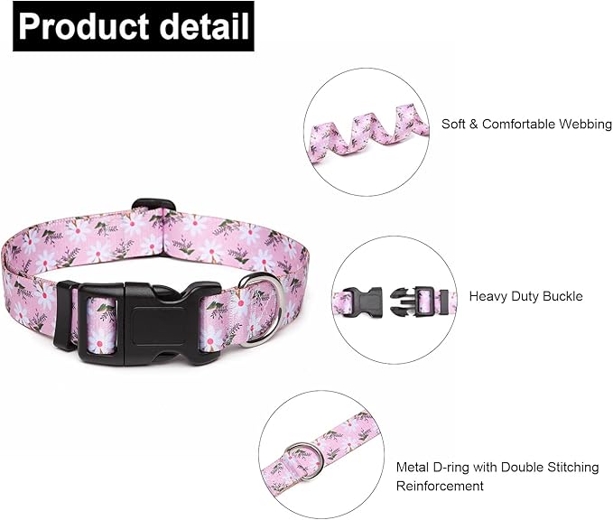 Mercano Adjustable Dog Collar - Special Design Patterns, Soft Nylon Comfortable Durable Pet Collar for Small Medium Large Dogs (XS, Pink White Flower)