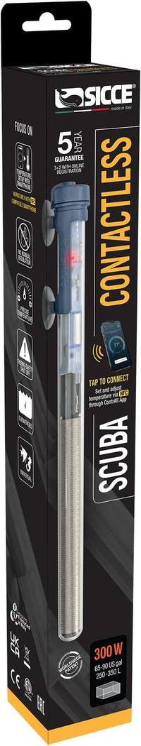 Sicce Scuba 300 Watt Aquarium Fish Tank Heater Smartphone Controlled via NFC Contactless App Adjustable | 300W Submersible for Marine Saltwater and Freshwater | Run Dry Protection