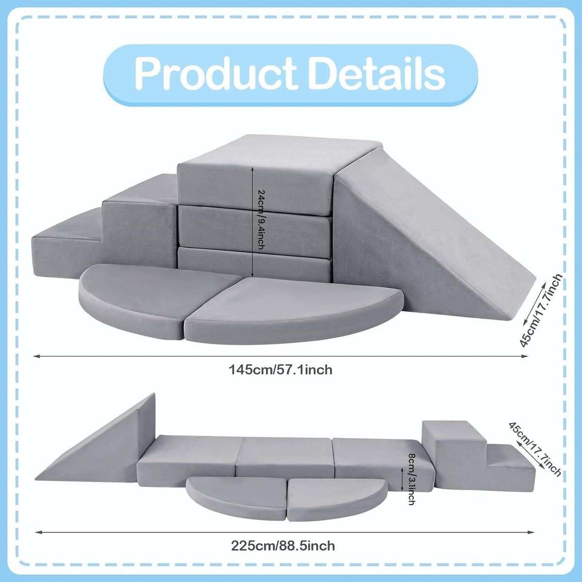 Tykacna foam climbing blocks for toddlers, 5 piece gray soft play set for indoor climbing - view 6