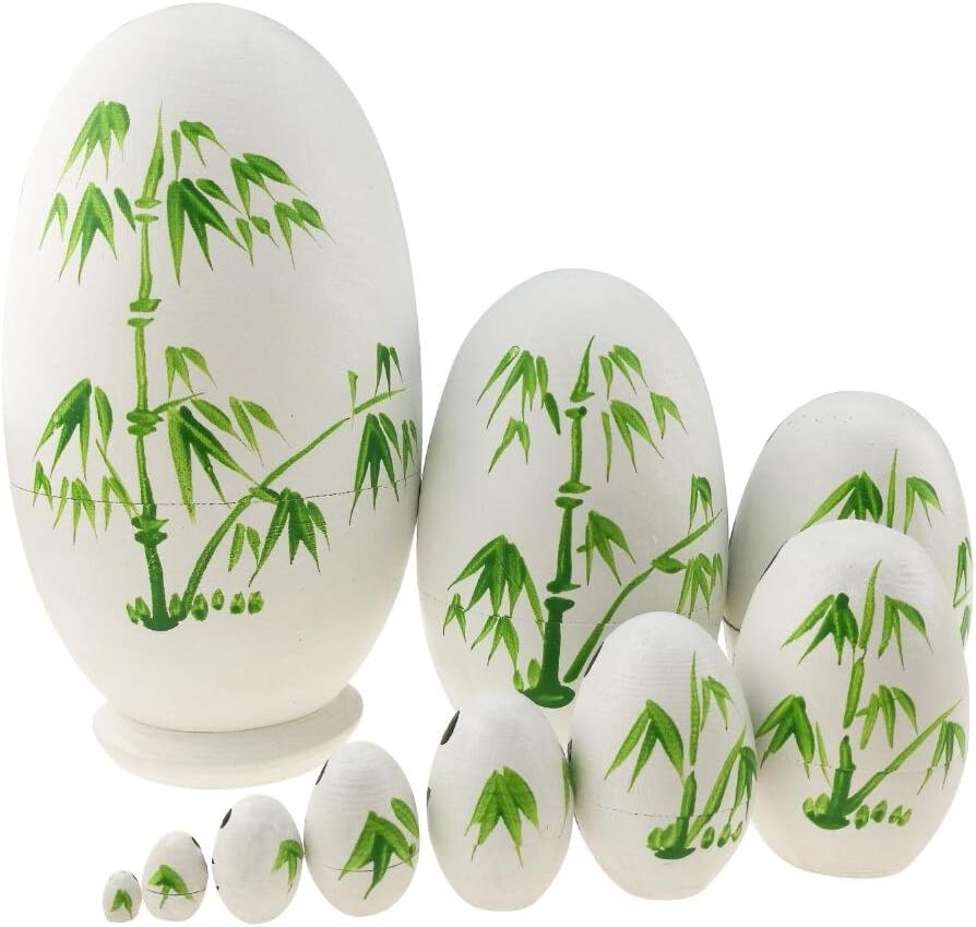 Winterworm 10 piece egg shaped wooden panda nesting dolls with bamboo pattern - view 3