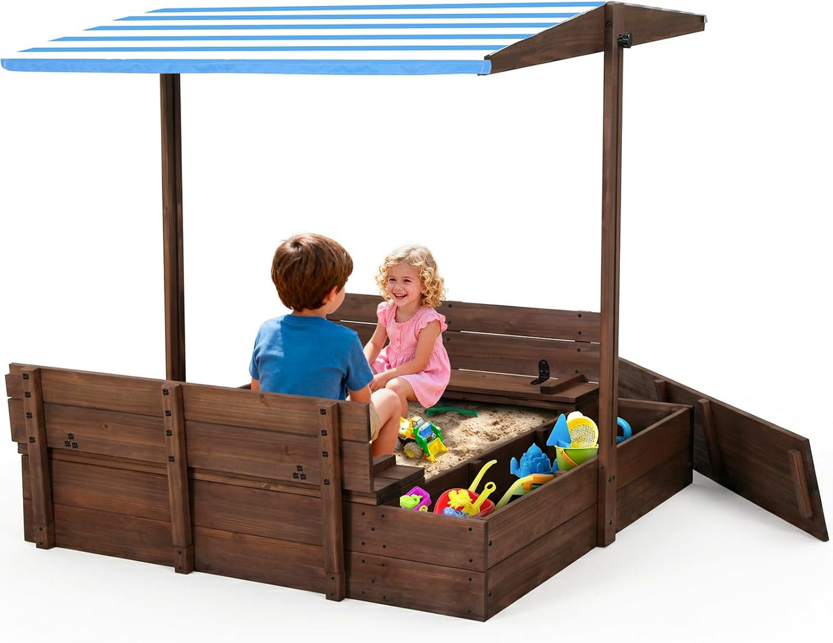 Agitree Wooden Sandbox with Lid and Canopy for Kids Ages 3-8 - Brown