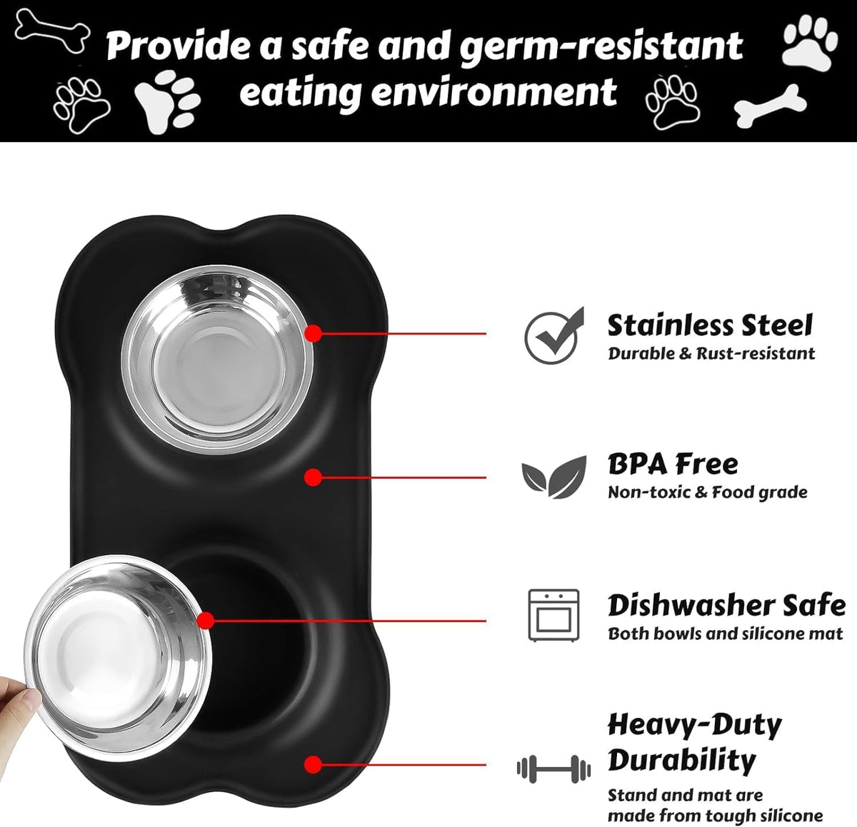 Dog Bowls Stainless Steel Bowls with No Spill Skid Resistant Silicone - Large/38oz each - image 3