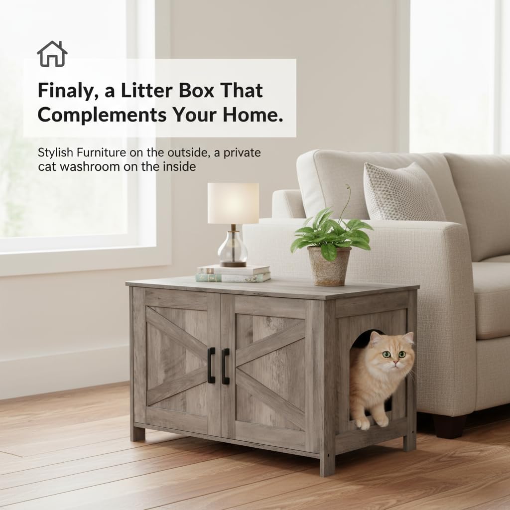 31.5" L Cat Litter Box Enclosure with Barn Door - 31.5"L / Greige - image 4