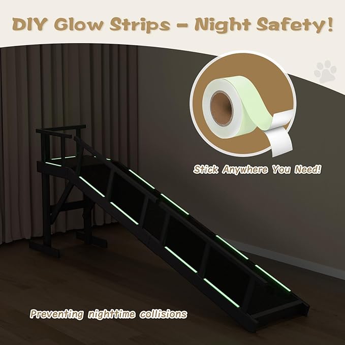 73" Dog Ramp for Bed, Pet Ramp with Removable Side Rail and Non-Slip Surface, Pet Ramp for Small & Large & Senior Dogs with Rest Platform and DIY Glow Strips,Dog Stairs for Couch, Black