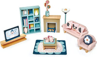 Tender Leaf Toys wooden dollhouse furniture nursery set with cot, high chair, pram and baby
