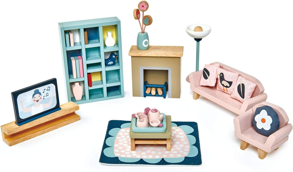 Tender Leaf Toys wooden dollhouse furniture nursery set with cot, high chair, pram and baby