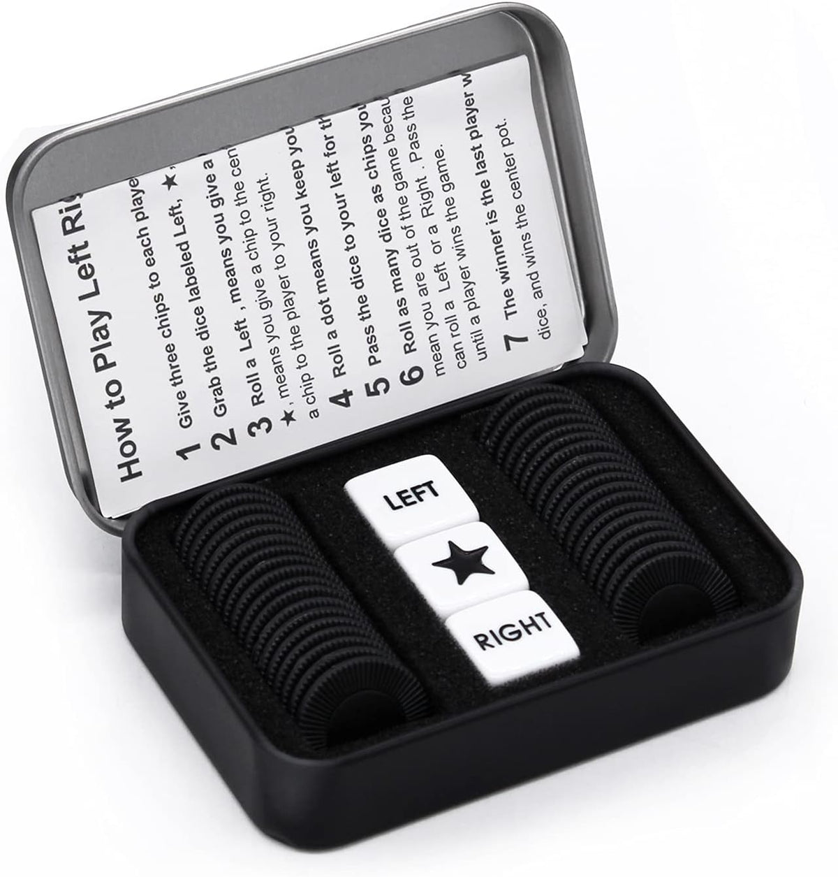 Bilywey Left Right Dice Game Set with 3 Dices + 36 Black Chips – Fun for Kids & Family - Black