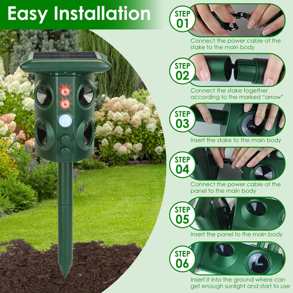 5 Modes Animal Repeller - Solar/USB Rechargeable, PIR Sensing, 3229Sq.ft Coverage, IP54 Waterproof, Repels Rodents Birds