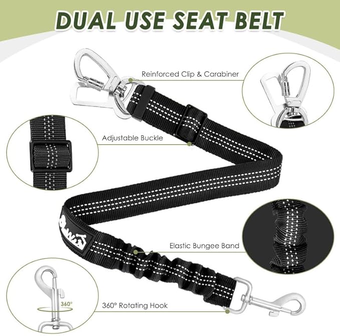 SlowTon Dog Seat Belt Harness for Car, Dog Car Harness Adjustable Mesh Breathable & Dog Seatbelt Safety Tether with Elastic Bungee for Small Medium Large Pets(Green, Double Clip, XXXS)