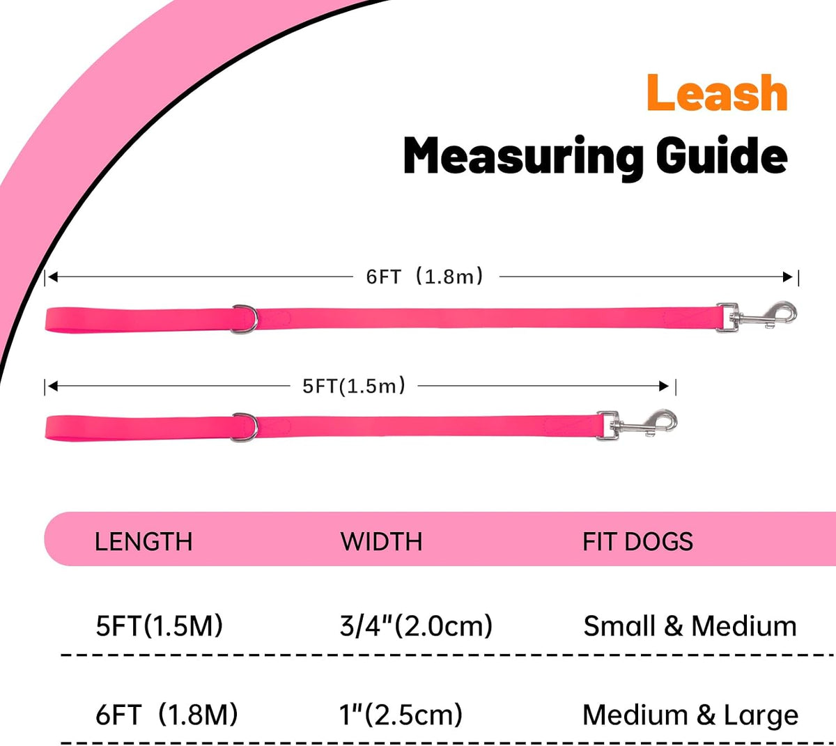 Waterproof Dog Leash, 5/6 FT Durable Odor-Proof Dog Leashes with Strong Metal Hooks Fits Small - Pink / 6FT - 1 inch Width - image 4