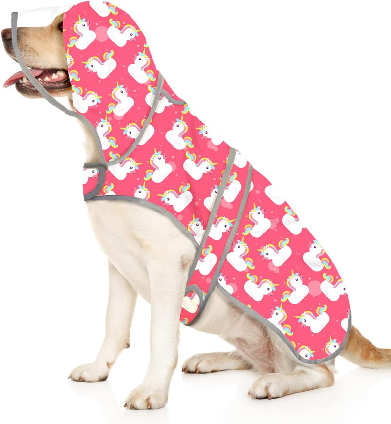 HDE Clear Hooded Dog Raincoat Jacket Poncho with Dog Leash Hole Blue M – Essentials for Dogs - X-Large / Unicorn Ducks Pink