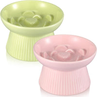 Layhit 2 Pack Raised Slow Feeder Cat Bowls Ceramic Elevated Cat Food - Green, Pink