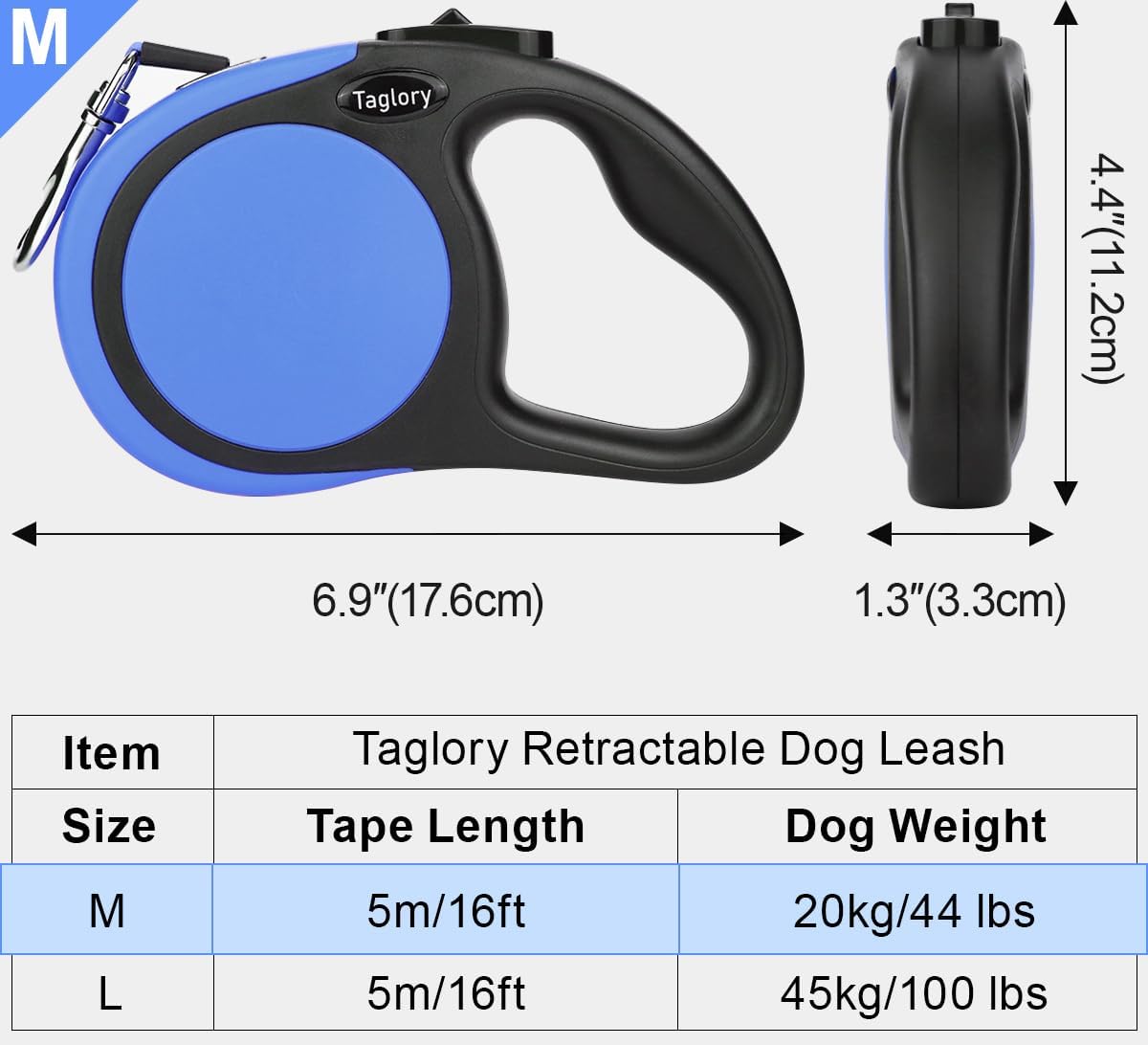 Taglory Retractable Dog Leash, One-Handed Brake, Up to 44 lbs - Blue / Medium - image 3
