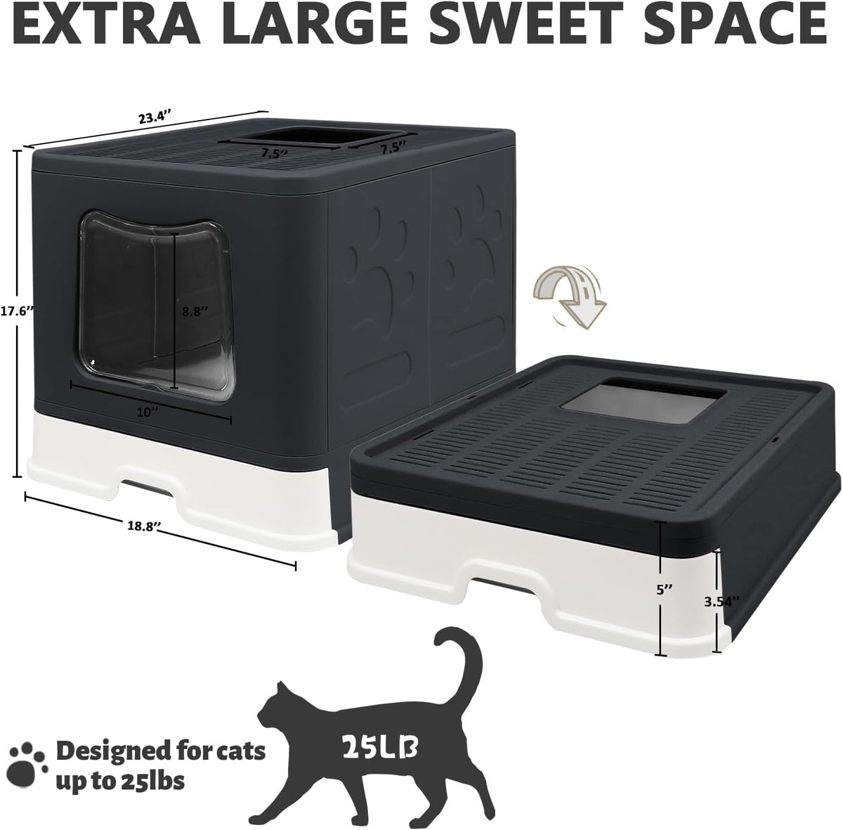 XL Foldable Cat Litter Box with Lid, Jumbo Enclosed Potty - BLack / X-Large - image 2