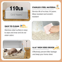Vivifying Stainless Steel Litter Box with Lid, XL Side Entry Extra Large Litter Box for Big Cats & Kitty, Removable Enclosed Metal Cat Pan with High Sided Enclosure, Scoop, Mat, Footboard (Beige)