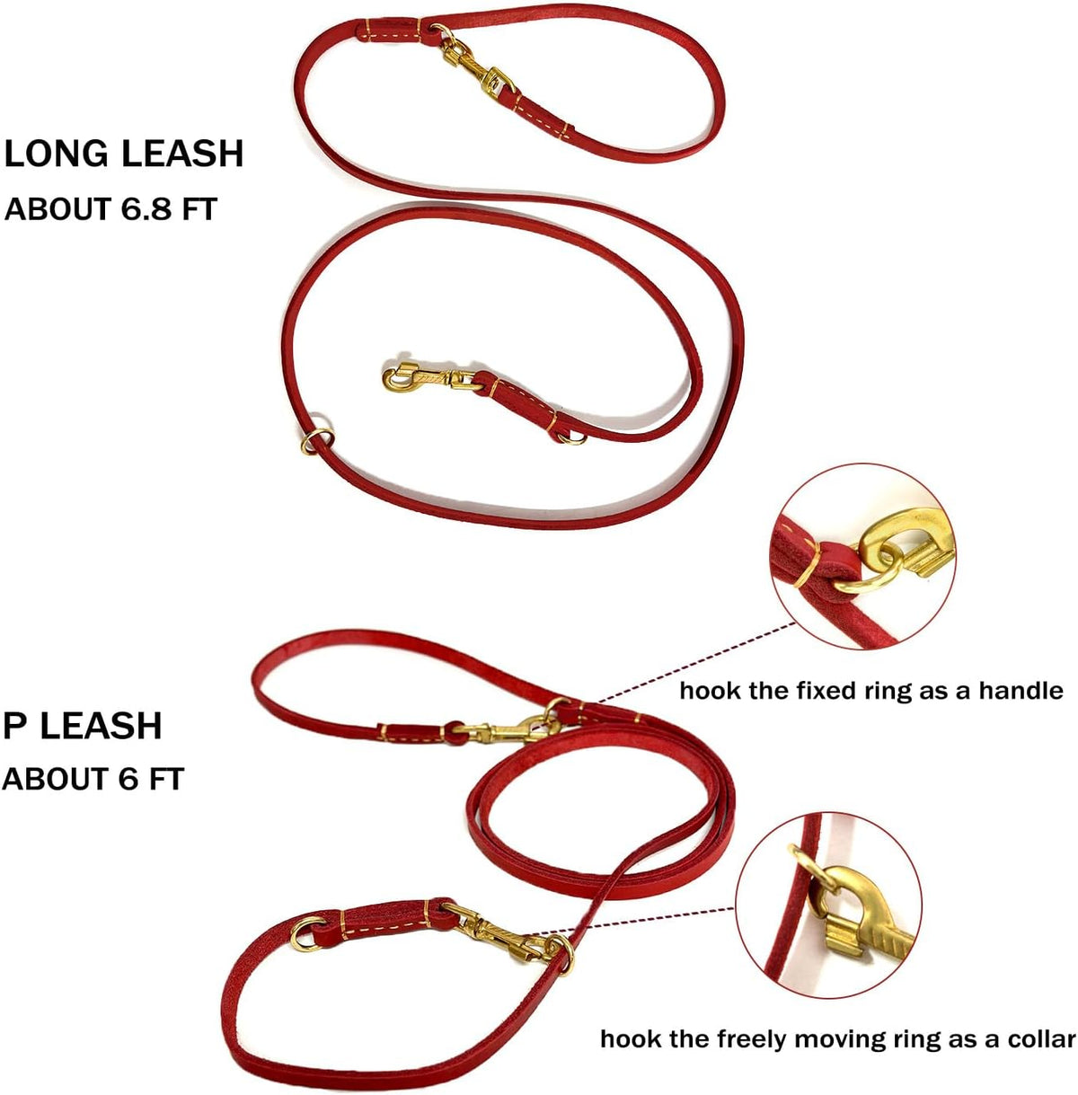 Multi Function 8ft Leather Dog Leash - Red / 8ft*3/8inch - image 3
