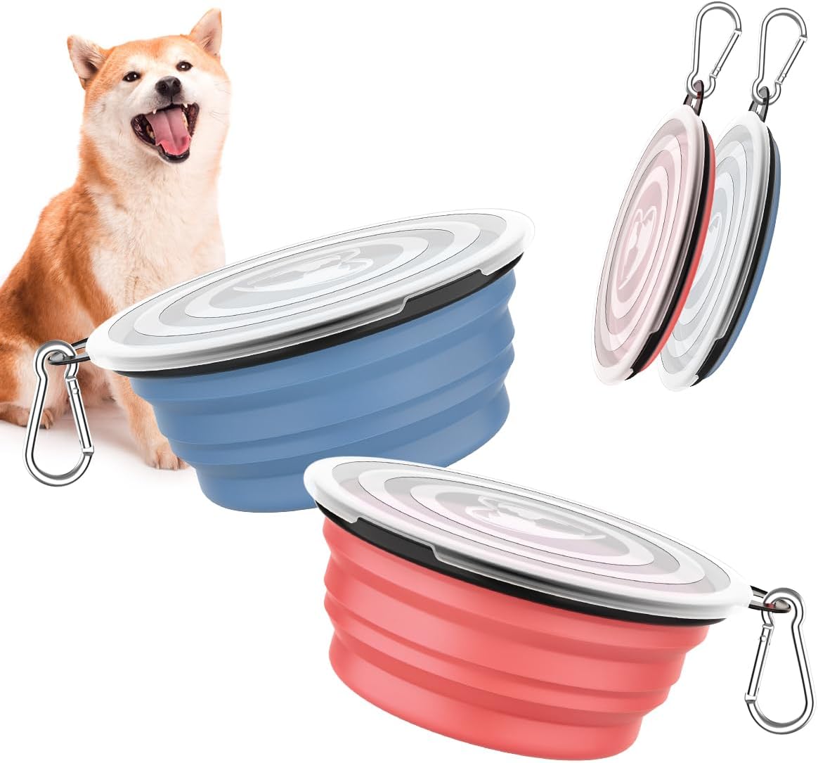 Pawaboo Collapsible Travel Dog Bowls 2 Pack with Lids&Carabiners - 1000ml(Pack of 2) / Light Pink + Blue