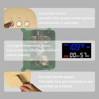 Temperature Display Brushed Gold Shower System Set, Push Button Shower Faucet with 12 inch Ceiling Mount Shower Head and 8 inch Wall Mount Shower Head, with Handheld Shower