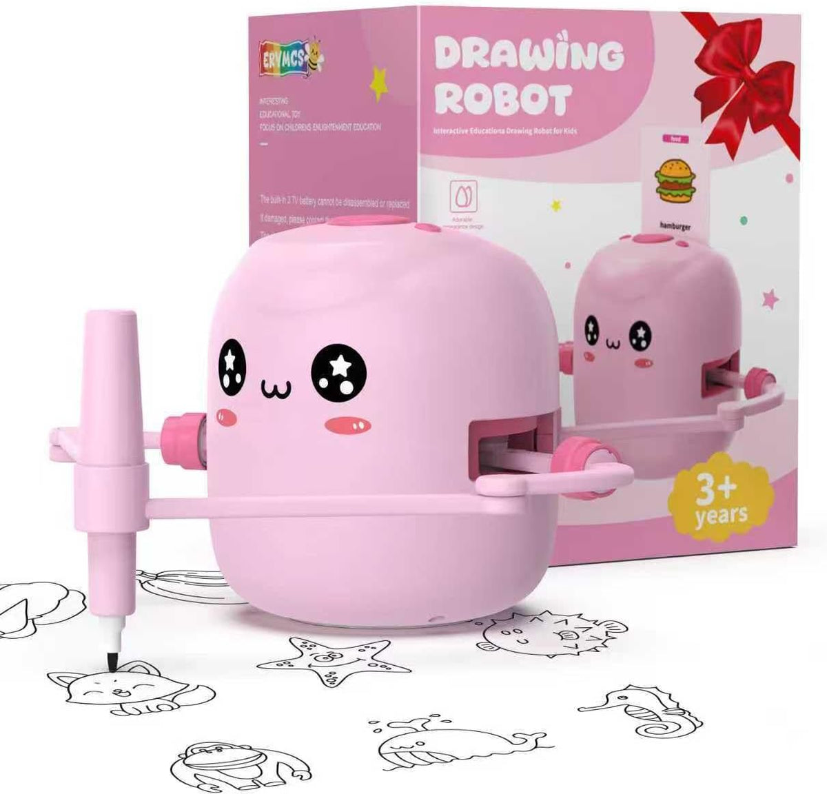 ERYMCS pink drawing robot for kids with picture cards and pens