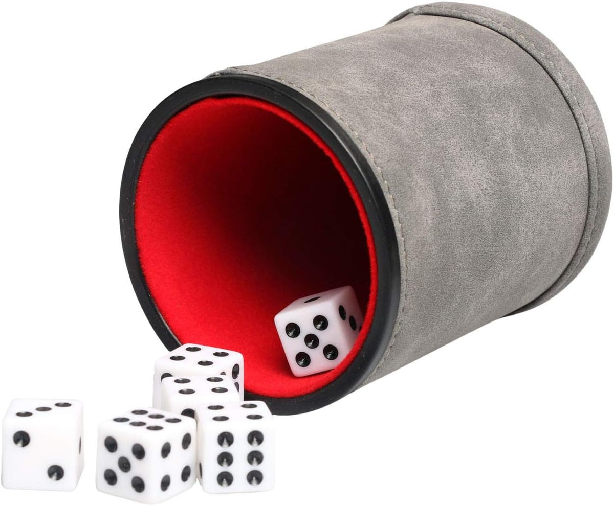 Felt Lined PU Leather Dice Cup Set with 6 Dot Dices – Fun for Kids & Family - Grey