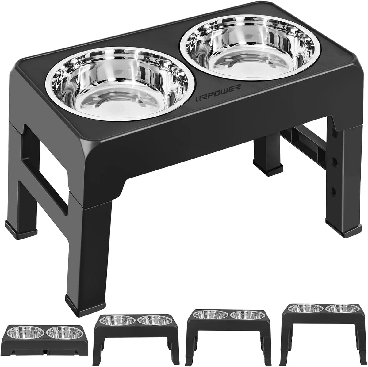 URPOWER Raised Dog Bowls 4 Height Adjustable Elevated Bowl Stand – Essentials for Dogs - Black