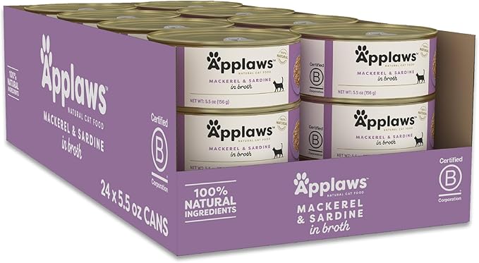 Applaws Natural Wet Cat Food in Broth, Limited Ingredient Canned Wet Cat Food, No Additives, Made with Natural Ingredients, Mackerel & Sardine in Broth (24 x 5.5oz Cans)