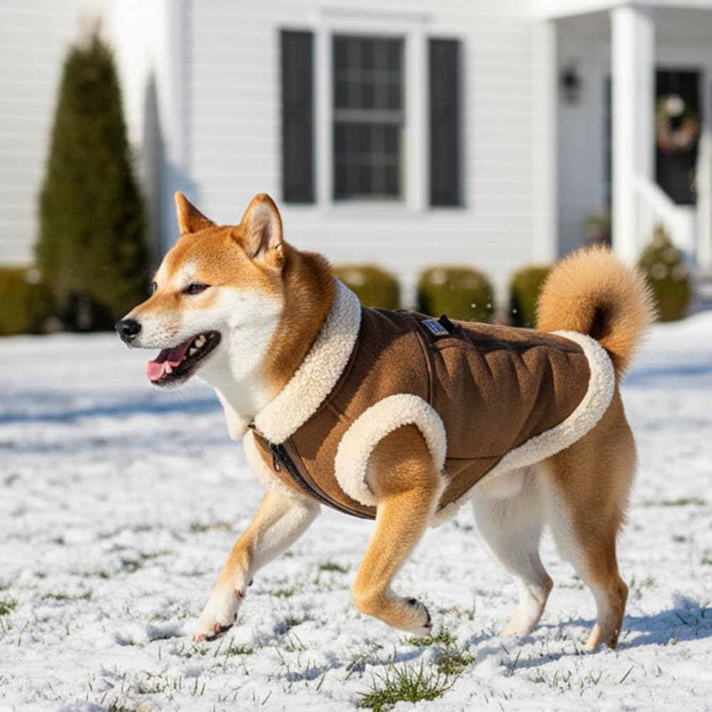 Retro Aviator Dog Jacket – Faux Leather Winter Coat with Plush Sherpa Fleece Lining for Bulldog - Coffee / X-Large - image 3