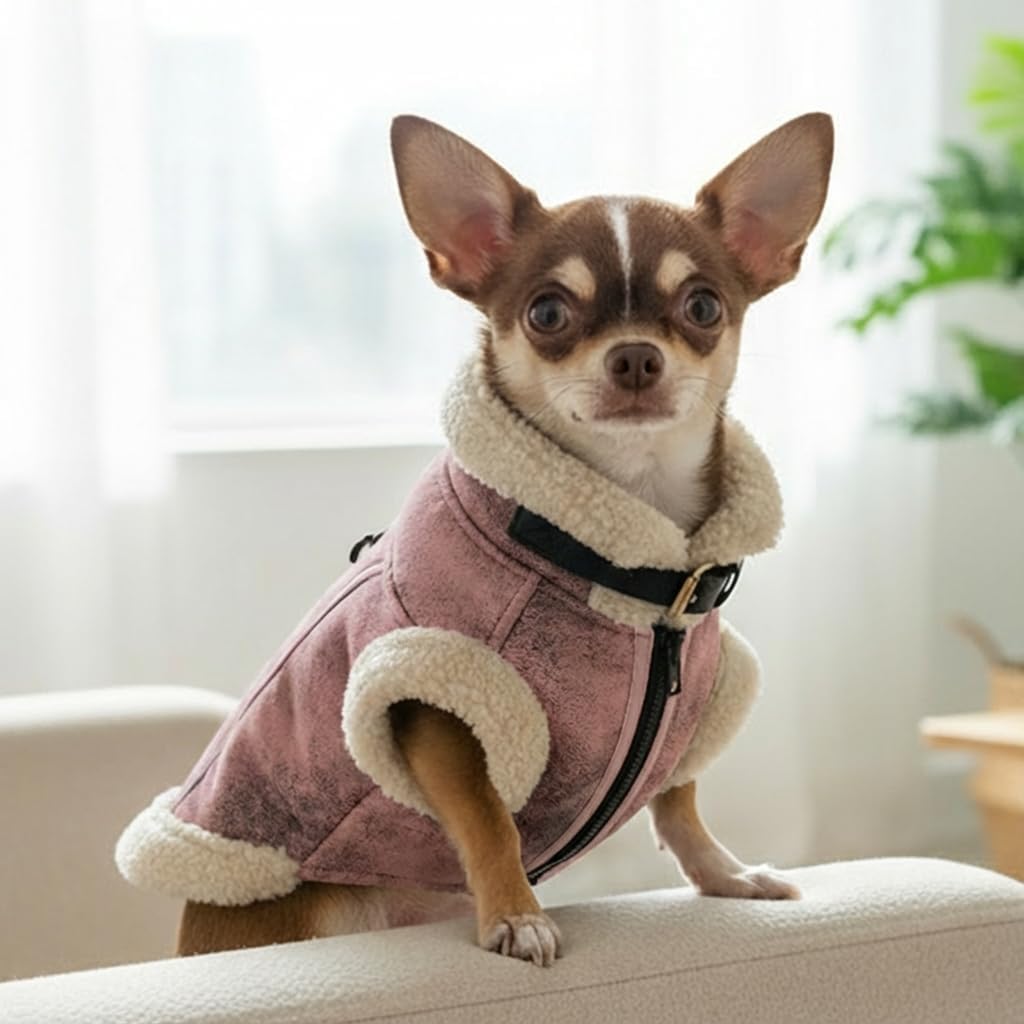 Retro Aviator Dog Jacket – Faux Leather Winter Coat with Plush Sherpa Fleece Lining for Bulldog - Pink / X-Small - image 2