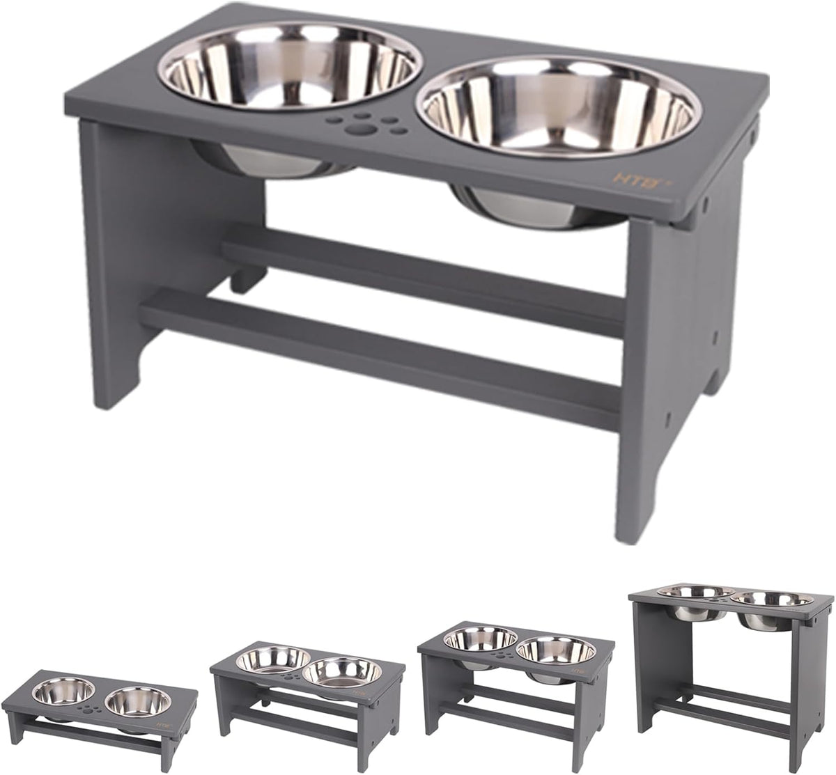 HTB Elevated Dog Bowls,Raised Dog Bowl Stand with 2 Stainless Steel Bowls,Elevated Raised Dog Bowls - large-10"tall,48 Oz bowl / Grey