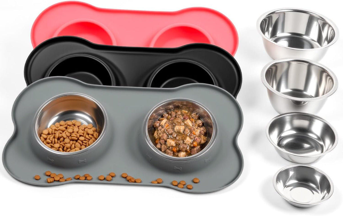 Conlun Dog Bowls with Silicone Mat, No Spill Stainless Set, XS - Small-13 oz / Grey