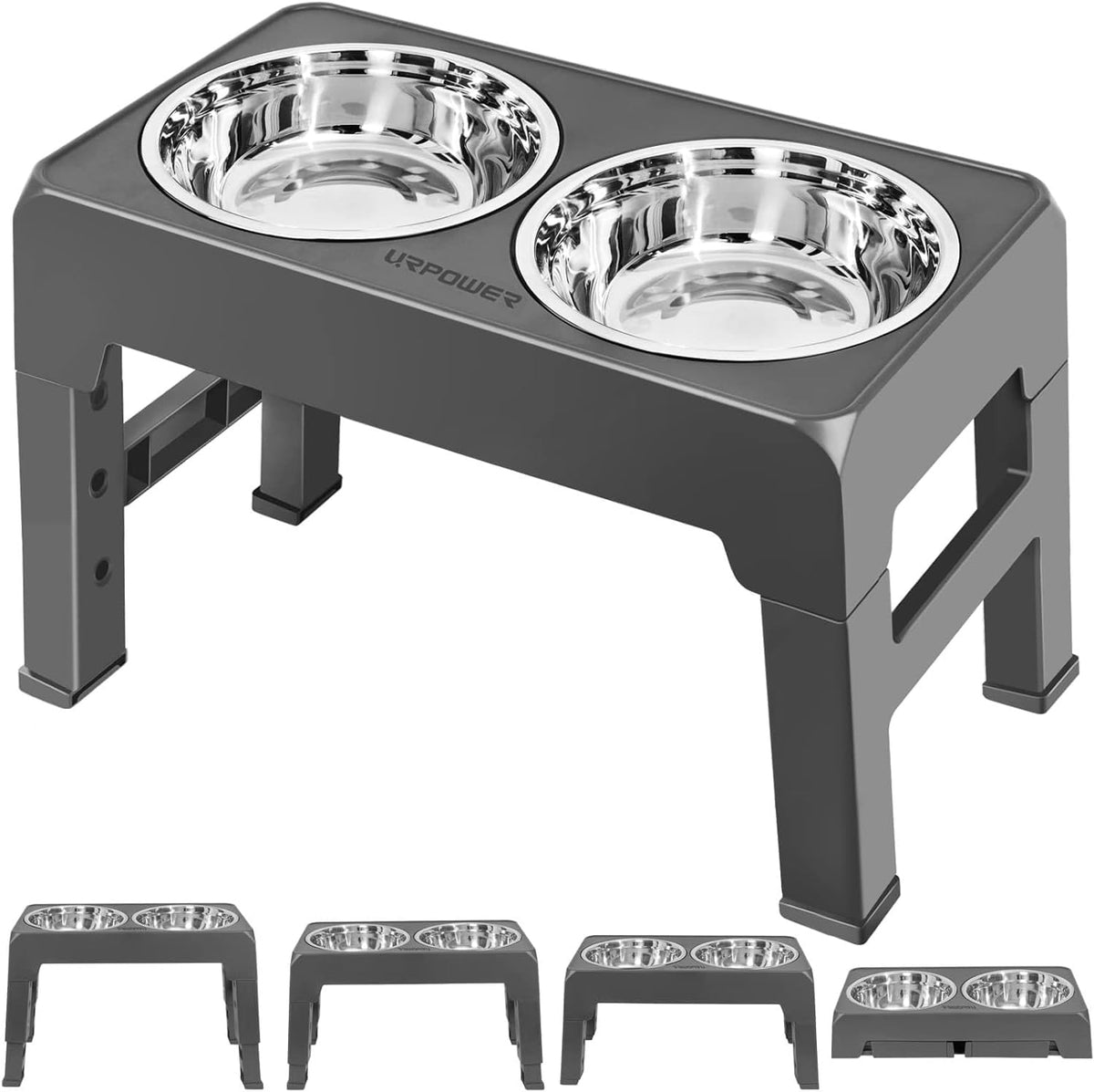 URPOWER Raised Dog Bowls 4 Height Adjustable Elevated Bowl Stand – Essentials for Dogs - Grey