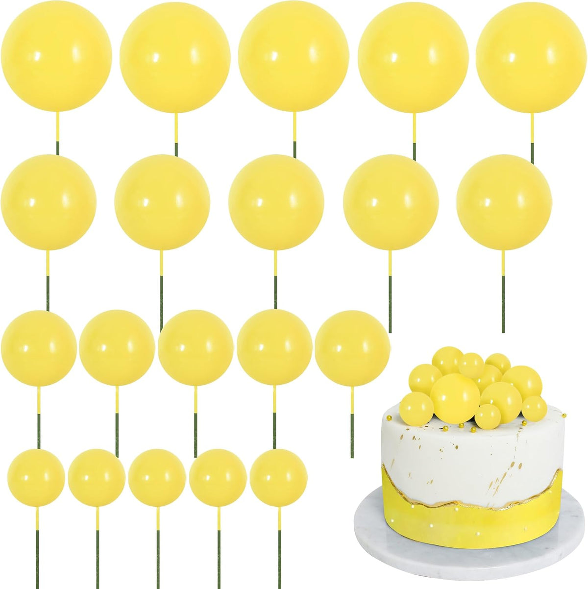 BEISHIDA 20 PCS Gold Mini Ball Cake Toppers Foam Cake Balls - Ball-yellow