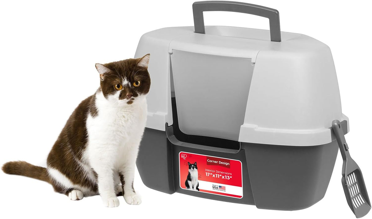 IRIS USA Large Front Door Cat Litter Box, Walk-in Entry - Corner Enclosed / Dark Gray w/ Scoop