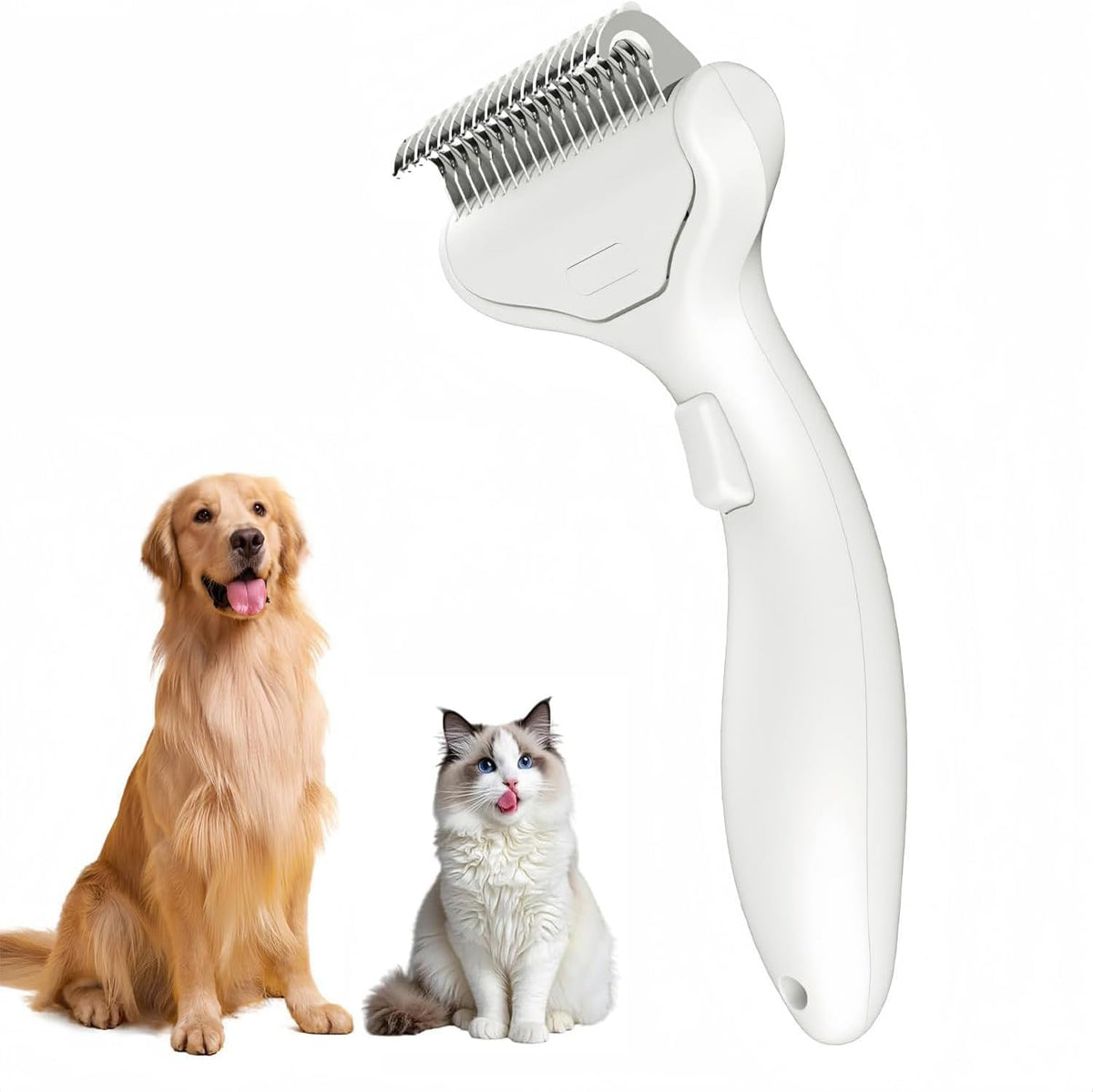 Undercoat Rake for Dogs & Cats, Self‑Clean Deshedding Brush - White
