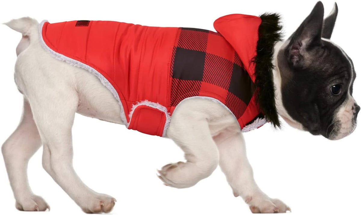 HDE Dog Puffer Jacket Fleece Lined Winter Coat & Harness Hole NVY - Small / Buffalo Plaid