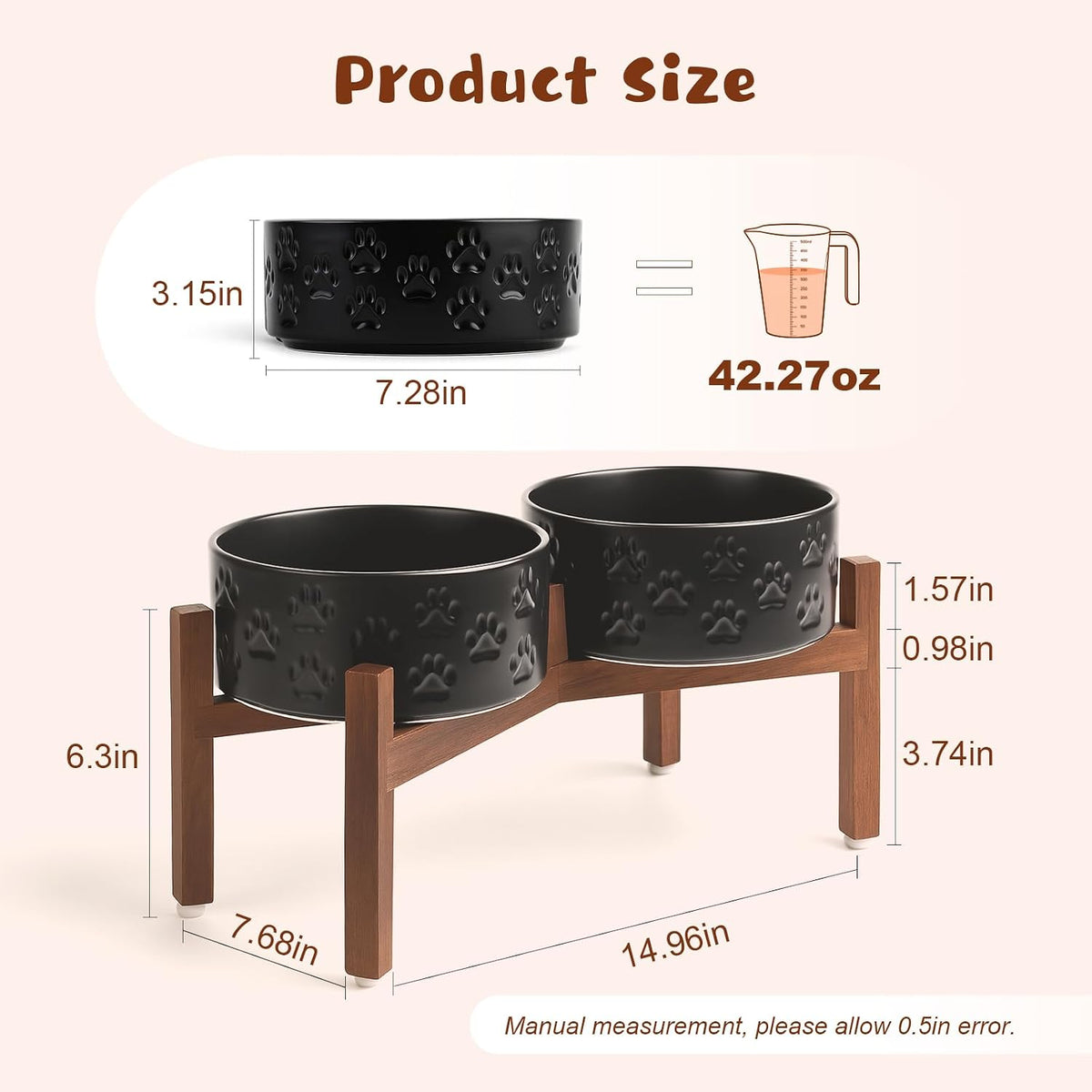SPUNKYJUNKY Ceramic Dog Bowls with Acacia Wood Stand - 42.27 oz / Dog Paw Black - image 2