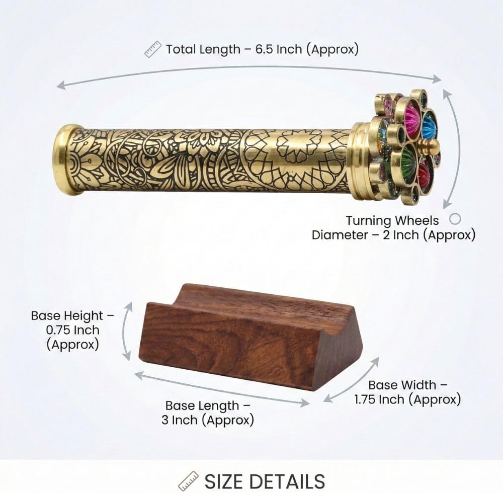 Roorkee Instruments etched floral brass kaleidoscope with two bead wheels on a hardwood stand - view 8