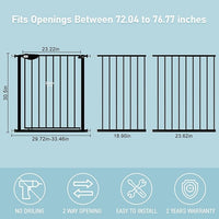 WAOWAO Triple Lock Baby Gate Extra Wide 72.04-76.77" Pressure Mounted Walk Through Swing Auto Close Safety Black Metal Dog Pet Puppy Cat for Stairs,Doorways,Kitchen
