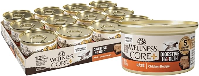 Wellness CORE+ Digestive Health Pate Adult Wet Cat Food, Natural, Protein-Rich, Grain Free, 3 Ounce, 12 Pack (Chicken)