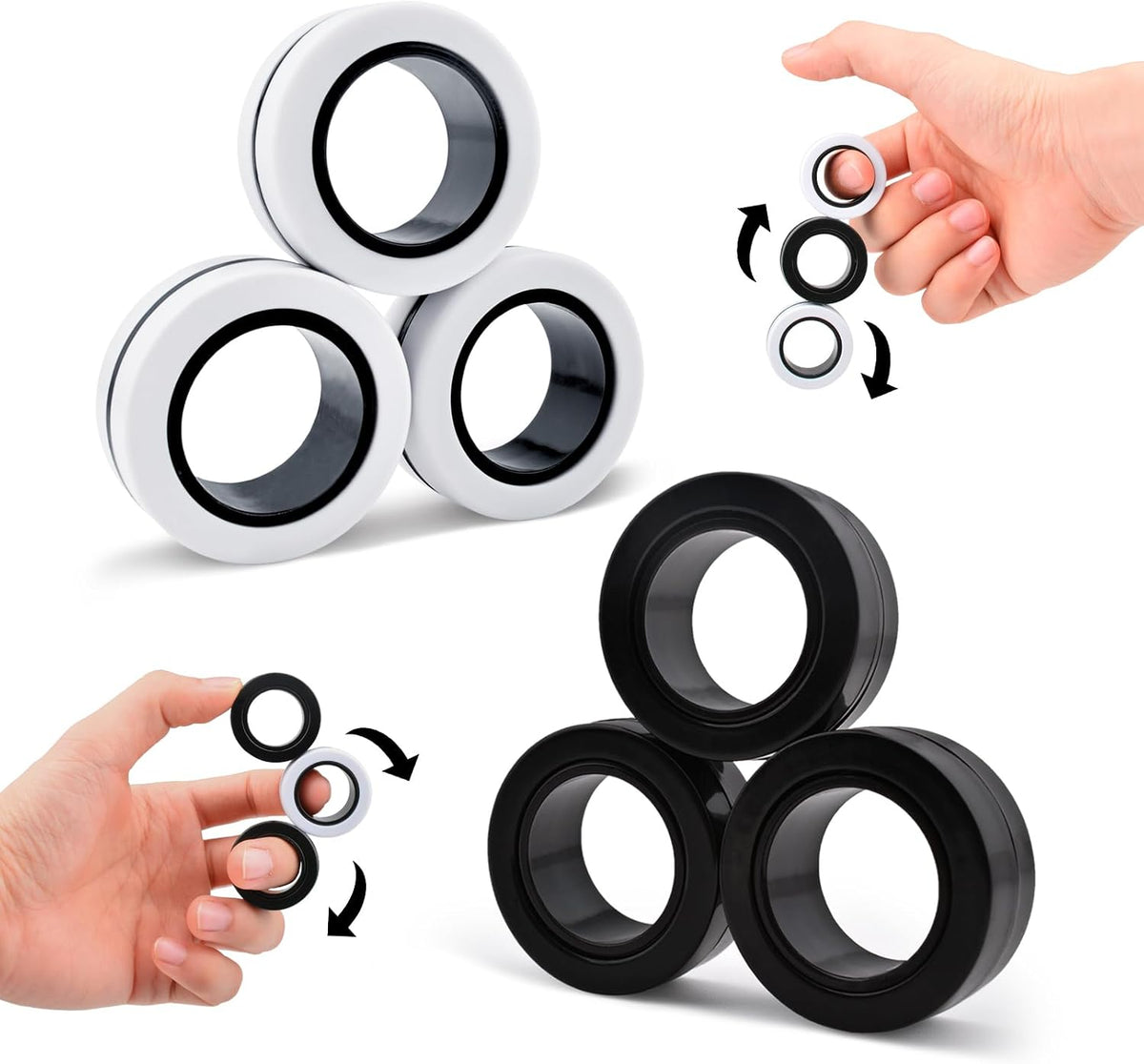Cevioce 3 PCS Magnetic Rings Fidget Toys Set for Adults Boys Teens - 6 PCS-Pure Black White