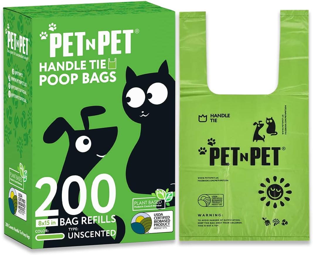 Pet N Pet Poop Bags for Dogs, Unscented, Tie Handles Thick - 1 Count (Pack of 200) / 200 Unscented with Handle