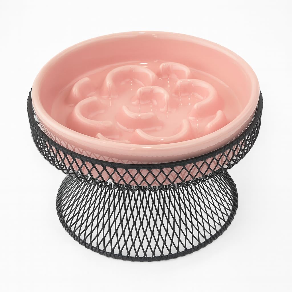 Raised Ceramic Cat Slow Feeder Bowl - Pink