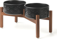 SPUNKYJUNKY Ceramic Dog Bowls with Acacia Wood Stand - 42.27 oz / Dog Paw Black