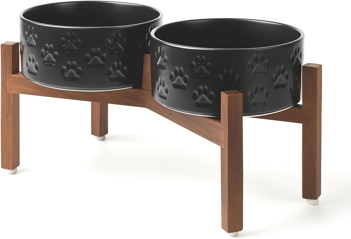 SPUNKYJUNKY Ceramic Dog Bowls with Acacia Wood Stand - 42.27 oz / Dog Paw Black