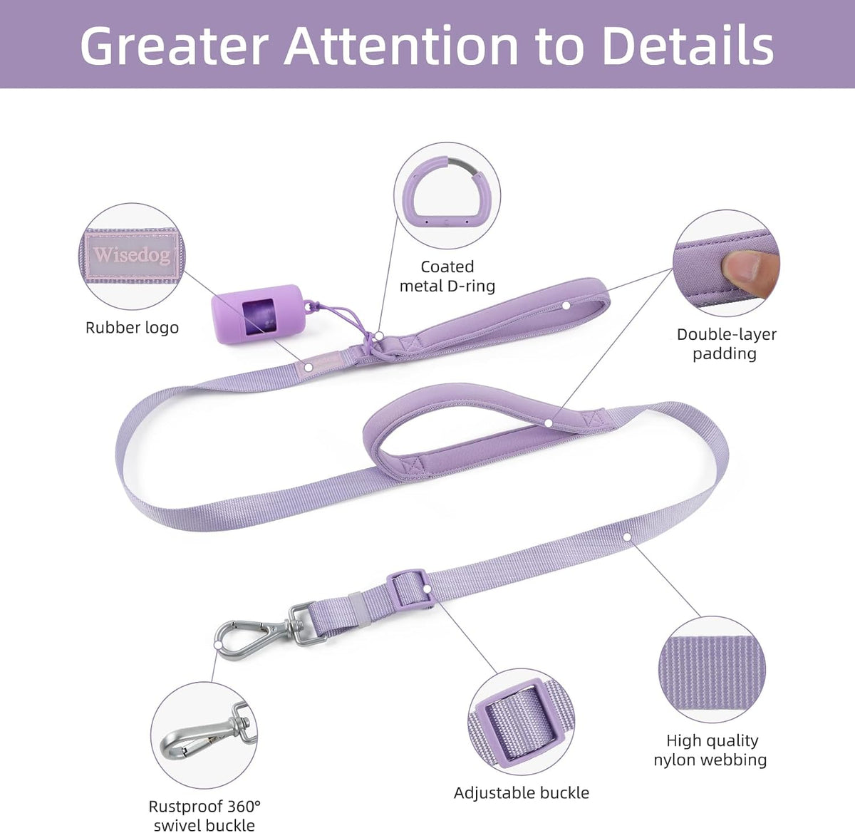 Wisedog Two Handles Dog Leash, Lilac - Lilac Purple / M - image 4