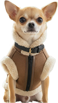 Retro Aviator Dog Jacket – Faux Leather Winter Coat with Plush Sherpa Fleece Lining for Bulldog - Coffee / X-Small